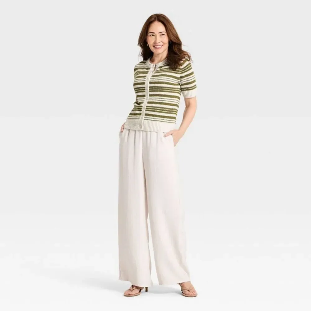 Women's Short Sleeve Button-Front Cardigan Sweater - A New Day Cream XL